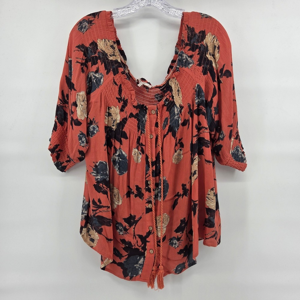 Miss Me Floral Smocked Blouse‎ M Coral Orange Oversized Boho Eclectic